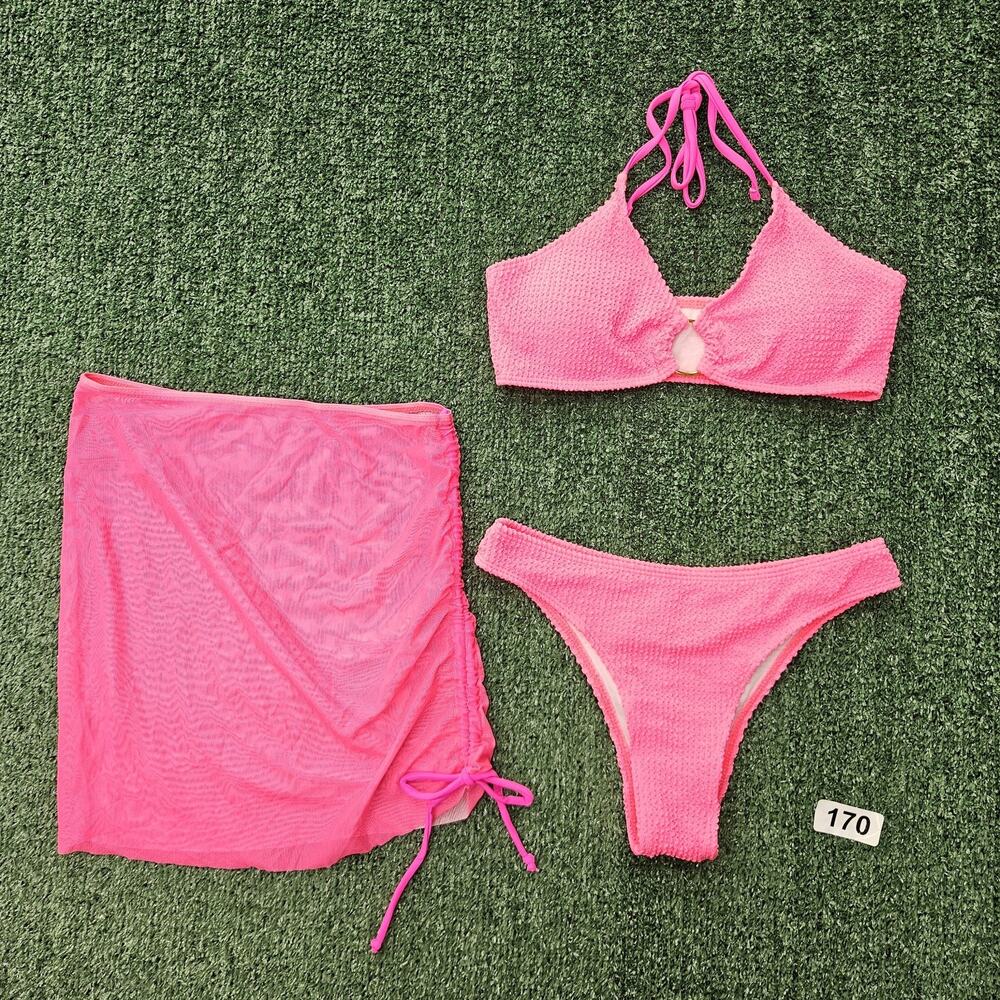 Women's 3 Piece Swimsuit Padded Neck Bikini Suit Split Beach Skirt Lace-Up small